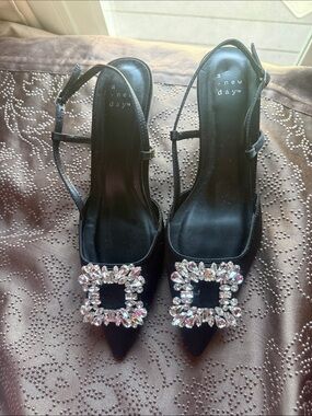 a new day Black Slingback Pointed Heels with Crystal Buckle